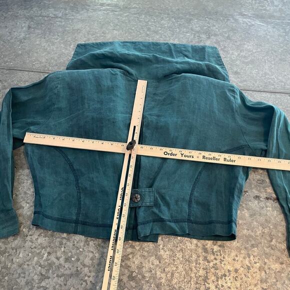 Vintage Linen Lagenlook Cropped Jacket Womens Medium Metropole Green Lightweight - Picture 9 of 11